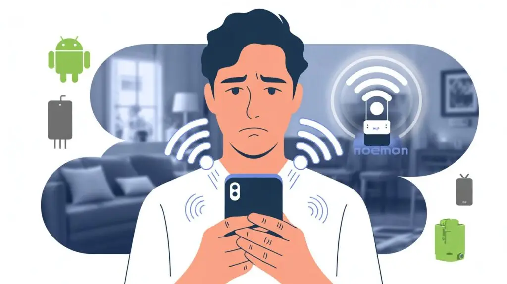 Fix WiFi dropping on Android and iPhone – user frustrated by unstable wireless connection, surrounded by tech icons and WiFi signals